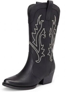 Women,s Black Faux Leather Cowboy Boots Mid Cowgirl Chunky Heel Embroidery Boots